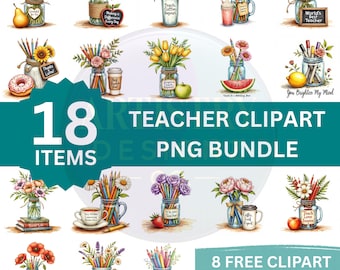 Pacchetto di clipart png per insegnanti, clipart acquerello carino per apprezzamento degli insegnanti, clipart matita e mela, disegni a sublimazione