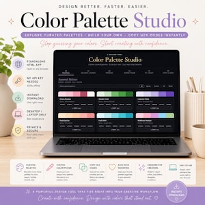 May include: A laptop displays the "Color Palette Studio" interface, showcasing curated color palettes. The screen shows various color schemes, with text that reads "Explore curated palettes, build your own, copy hex codes instantly." The design tool is for creators.