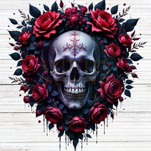 Goth skull with roses png, dark floral skull sublimation design, gothic halloween png, skull wreath clipart, gothic decor printable