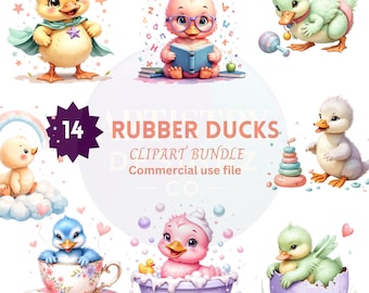 Paquete de imágenes prediseñadas de patitos de goma para invitaciones de baby shower y decoración infantil. Imágenes PNG de patitos bebés adorables para álbumes de recortes y manualidades.
