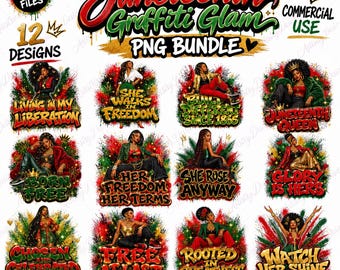 Puede incluir: Un paquete PNG con 12 diseños con el tema del Juneteenth. Cada diseño presenta a una mujer negra con frases como "Libre al fin" y "Ella se levantó de todos modos". Los diseños utilizan colores rojo, verde y dorado.