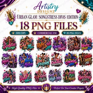 Paquete de imágenes PNG de divas cantantes de glamour urbano, diseños de sublimación para cantantes, imágenes prediseñadas de música, gráficos de divas, uso comercial.