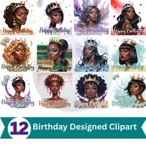 Birthday Queen Clipart Bundle 12 Elegant Happy Birthday Black Girl Illustrations Glam Clipart