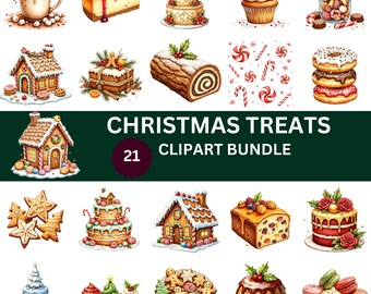 Paquete de imágenes prediseñadas de dulces navideños: 21 imágenes PNG de postres navideños, pan de jengibre, cupcakes y dulces para descargar digitalmente.