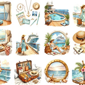 Cruise Clipart, Beach Vacation Illustrations, Summer Travel Clipart, Ocean Cruise Graphics – Nautical Watercolor PNGs