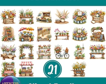 Blumenladen Clipart Bundle für DIY Handwerk, Blumenplaner Aufkleber, Blumenstrauß Kartenherstellung, Marktstand PNGs