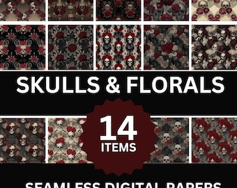 May include: A collection of 14 seamless digital papers featuring skull and floral patterns. The designs showcase skulls and roses in various color schemes, including black, red, and gray. The text "SKULLS & FLORALS" and "SEAMLESS DIGITAL PAPERS" are displayed.