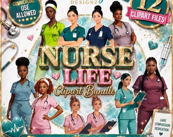 Nurse Life Clipart – 12 PNGs of Diverse Female Medical Staff in Scrubs | Digital Healthcare Character Illustrations