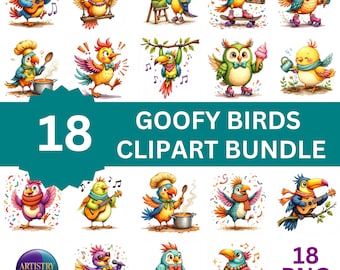 Funny cartoon Birds Clipart Bundle Watercolor PNGs for Sublimation Invitations Party Decor DIY Craft Projects