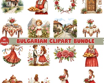 Paquete de imágenes prediseñadas búlgaras: Rosas búlgaras, arte popular PNG para invitaciones, sublimación, bricolaje, boda