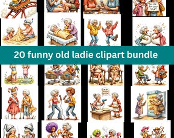 Funny Old Lady Clipart Bundle – 20 Quirky Senior PNGs for Sublimation, Retirement Cards, and Humor Crafts