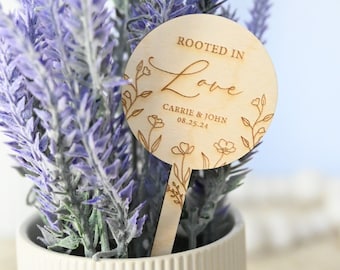 Customizable Wooden Plant Markers: Floral "Rooted in Love" Favor Stakes