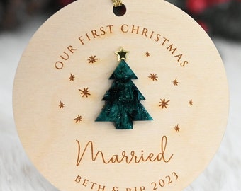 Engraved Wood First Christmas Married Ornament: Marble Tree Decor