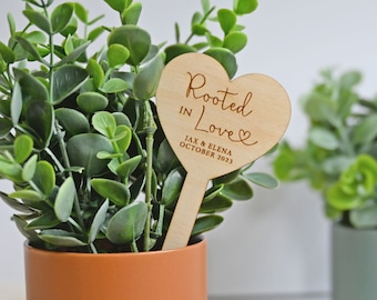Rooted in Love Wooden Heart Shaped Plant Favor Markers / Wedding Plant Favor Markers / Bridal Shower Plant Favor Tags / Plant Favor Stakes