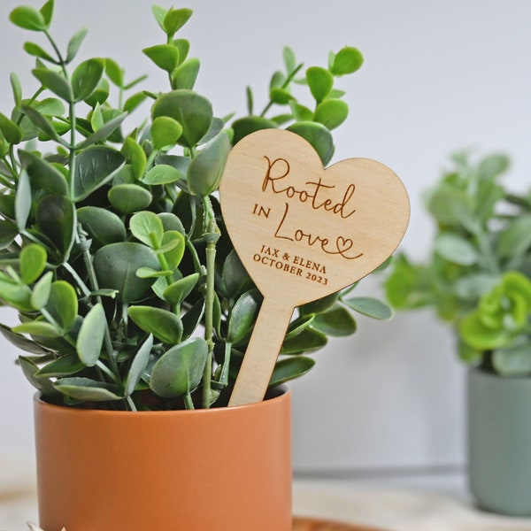 Rooted in Love Wooden Heart Shaped Plant Favor Markers / Wedding Plant Favor Markers / Bridal Shower Plant Favor Tags / Plant Favor Stakes