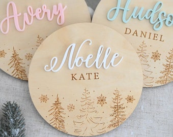 Engraved Winter Baby Name Sign, Wooden Tree Plaque