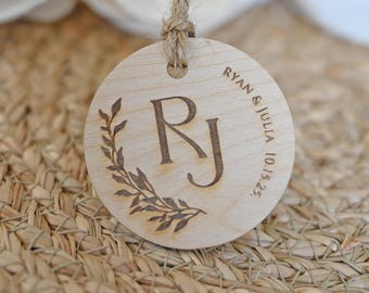 Engraved Wood Wedding Favor Tags, Rustic Monogrammed Gift Tags