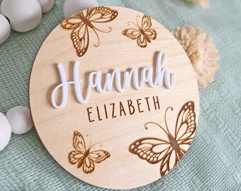 Wooden Name Sign with Butterflies / 3d Name Sign / Butterfly Birth Announcement Sign / Engraved Baby Name Sign / Kids Room Name Sign /