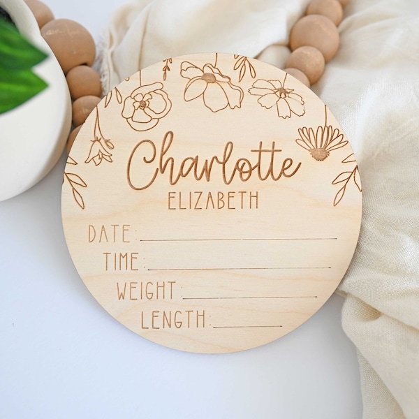 Wildflowers Baby Birth Stats Sign / Wooden Baby Name Announcement Sign / Baby Name Sign for Hospital / Newborn Photo Prop / Nursery Decor