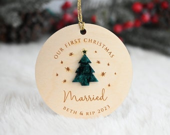 First Christmas Married Ornament / Newlywed Christmas Ornament / First Christmas Engaged / Wooden Engraved Ornament / Christmas Gifts