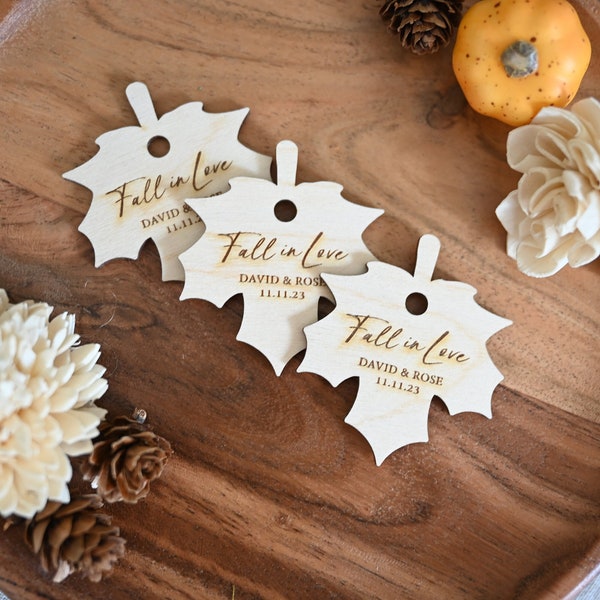 Fall Leaf Shaped Wooden Wedding Favor Tags / Maple Leaf Engraved Tags / Rustic Wedding Favor Tags / Bridal or Baby Shower / Fall in Love