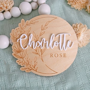 Wooden Name Sign with Half Moon / 3d Name Sign / Moon Birth Announcement Sign / Engraved Baby Name Sign / Kids Room Name Sign / Moon Sign