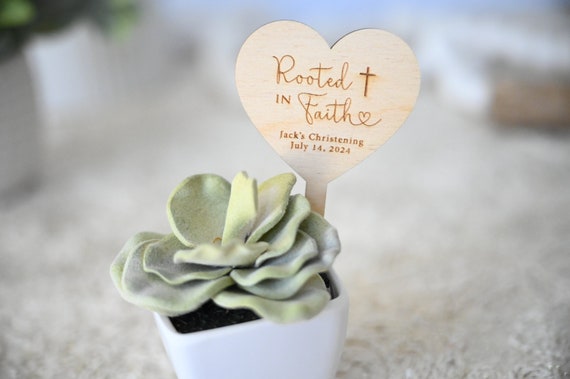 Rooted in Faith Wooden Heart Shaped Plant Favor Markers / Baptism Plant Stakes / Christening Plant Favor Tags / First Holy Communion