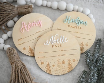 Winter Baby Birth Stats Sign | Engraved Wooden Name, Christmas Trees