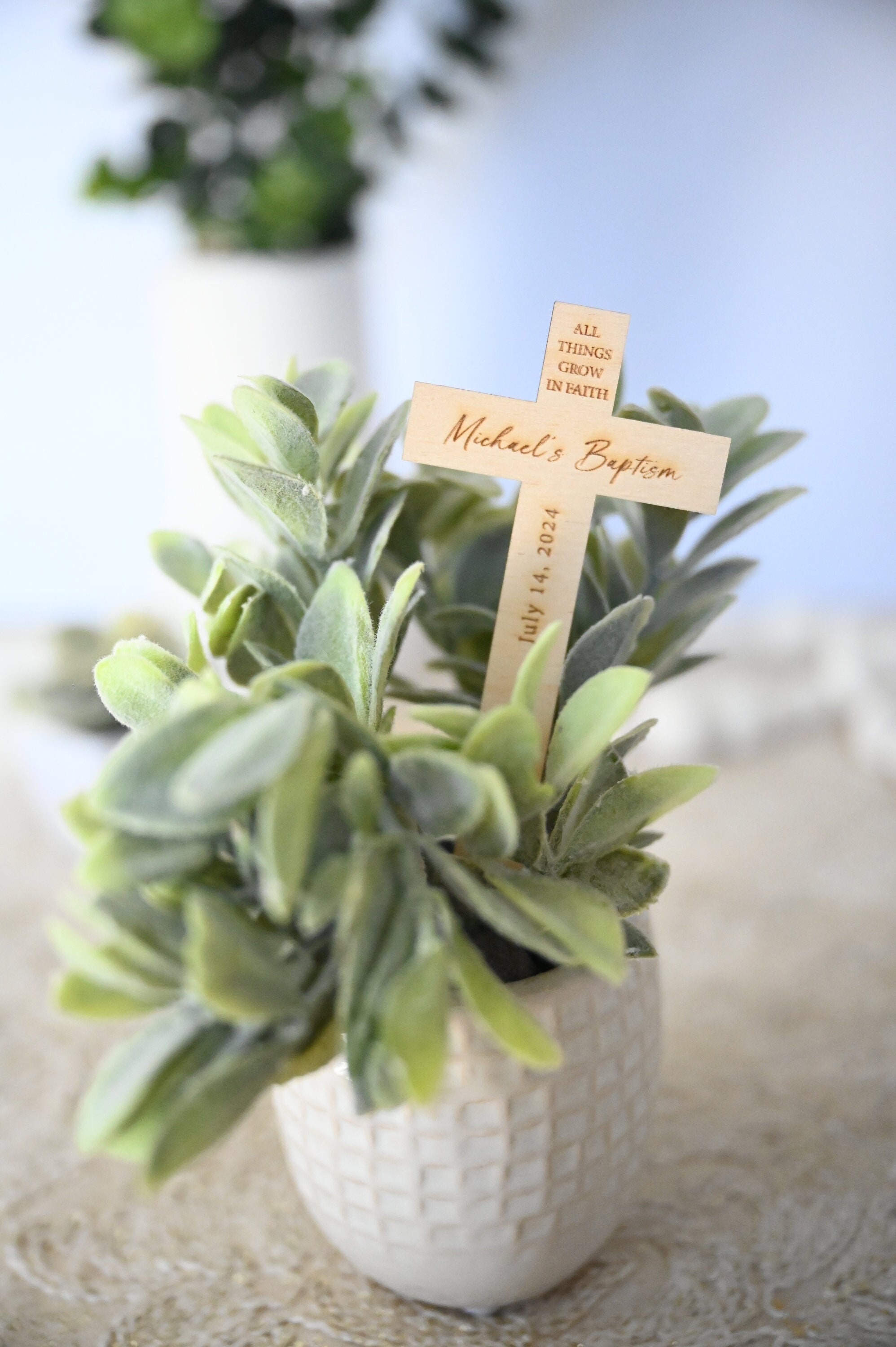 Wooden Cross Plant Favor Markers / Baptism Plant Stakes / Christening Plant Favor Labels / First Holy Communion / All Things Grow in Faith