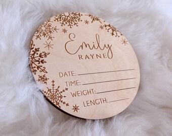 Wooden Baby Birth Stats Sign: Engraved Snowflake Announcement
