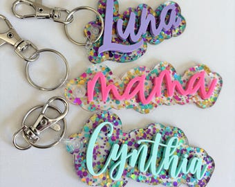 Confetti Glitter Name Keychains / Personalized Backpack Tag / Purse Charm / Bag Tags / Valentine Gift / Birthday Gifts / Cheer Bag Tag