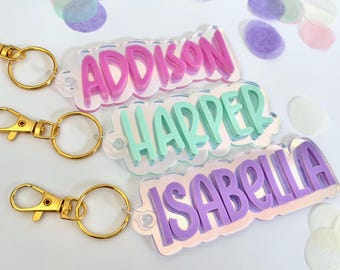Iridescent Acrylic Name Keychain, Personalized Backpack Charm