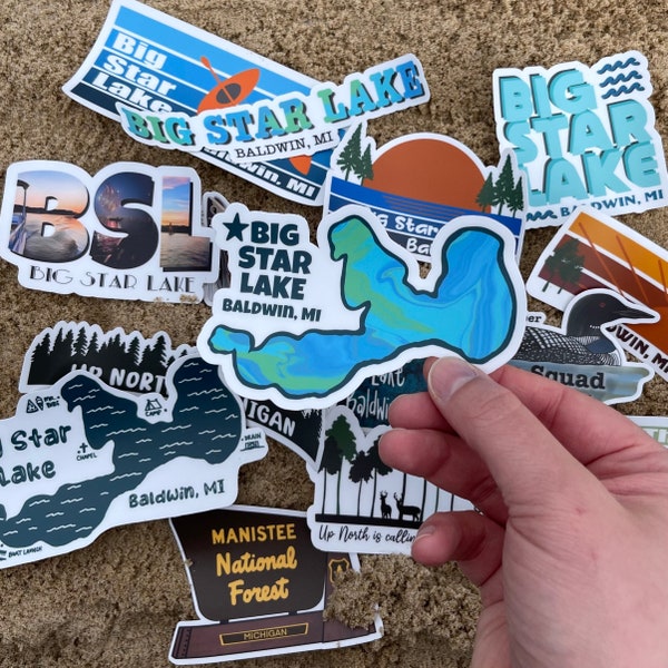 Big Star Lake Vinyl Waterproof Sticker Pack, Michigan Stickers, Baldwin Stickers