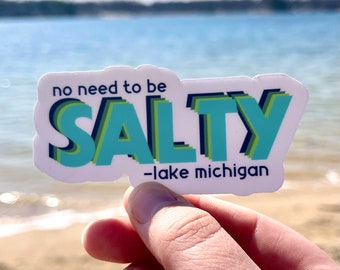 May include: White sticker with blue, green, and black text that reads "no need to be SALTY -lake michigan".