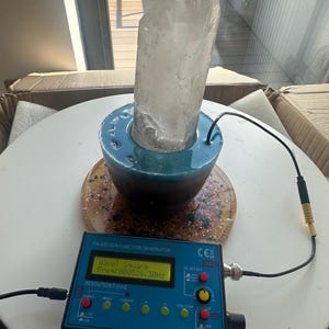 Large Natural Quartz Crystal with Rodin Coil support, orgonite charging plate and frequency generator