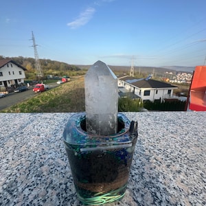 Large Natural Quartz Crystal with Rodin Coil support, orgonite charging plate and frequency generator - square