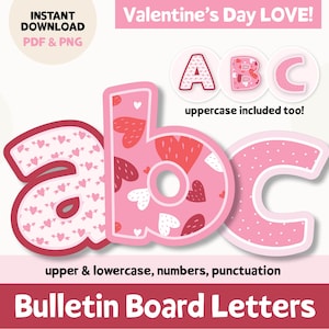 Letras para tablones de anuncios de San Valentín, letras para San Valentín de febrero, decoración para el aula, letras para tablones de anuncios imprimibles, kit para tablones de anuncios de San Valentín con forma de corazón