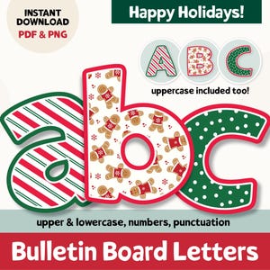 Letras para el tablón de anuncios de Navidad, letras para el tablón de anuncios de diciembre para la decoración del aula, letras del alfabeto de jengibre para imprimir en la puerta de Navidad