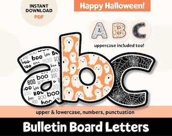 May include: Halloween bulletin board letters in black and orange with a ghost and spiderweb pattern. The letters are uppercase and lowercase, numbers, and punctuation. The letters are printable and can be used for classroom decorations or party supplies.