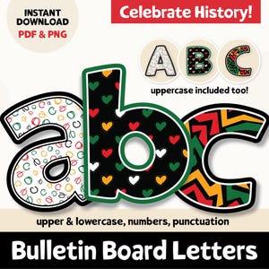 Cartas para el tablón de anuncios de la historia afroamericana, cartas para el mes de la historia afroamericana, cartas para el día de la emancipación, día de África, aula del alfabeto de Kwanzaa