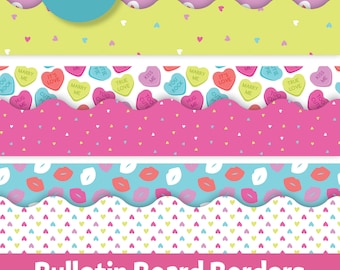 May include: Printable Valentine's Day bulletin board borders with a pink, green, and blue color scheme. The borders feature hearts, lips, and candy hearts with messages like "You Rock", "Hug Me", "Marry Me", and "True Love".
