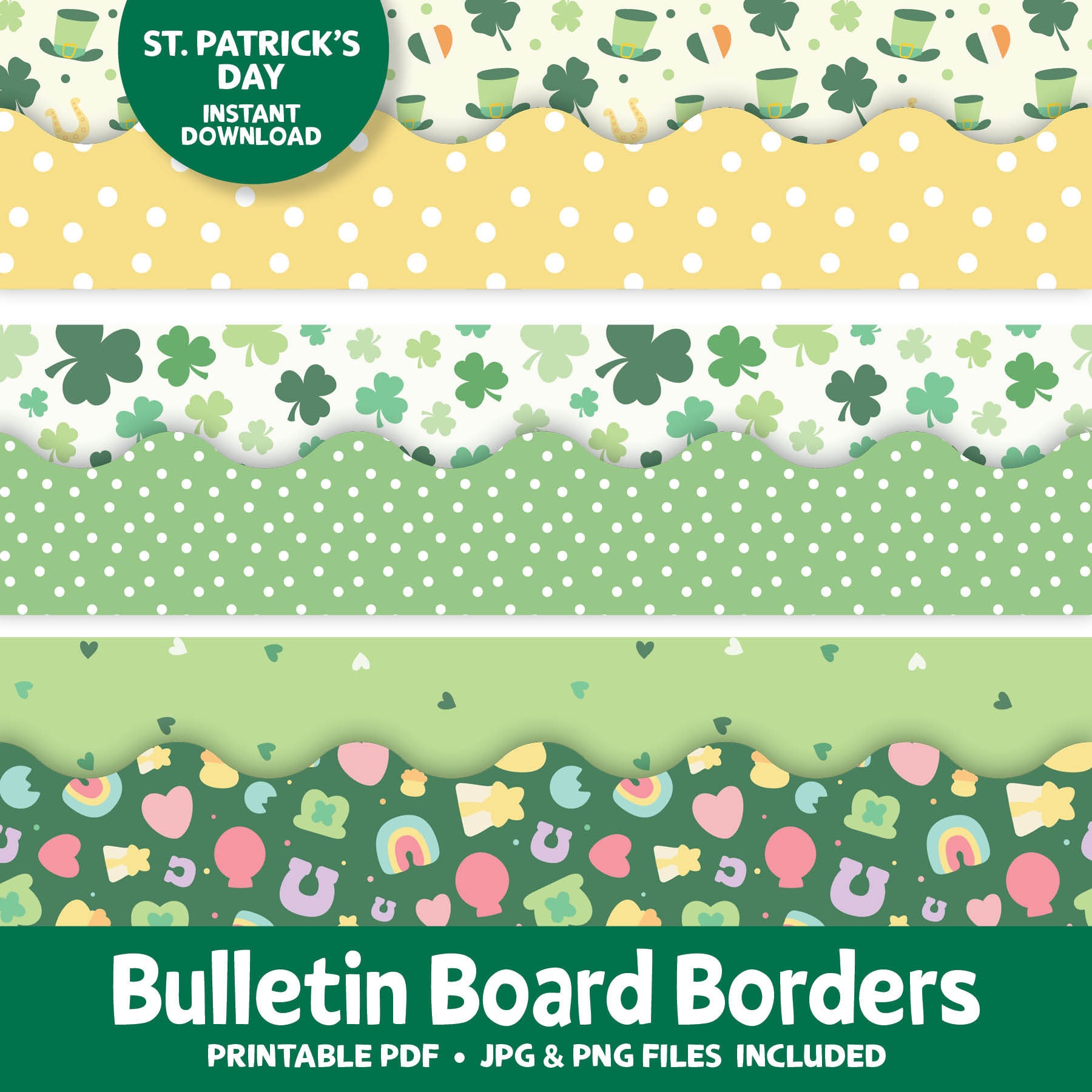 St Patricks Day Bulletin Board Border Set, March Bulletin Border, Irish Printable Bulletin Board Border for Classroom, Luck Green Border Kit