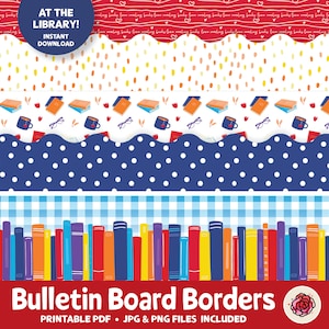 Puede incluir: Borduras de tablero de anuncios imprimibles con un tema de biblioteca. Las borduras presentan un patrón de lunares rojo y blanco, un patrón de lunares azul y blanco, un patrón de cuadros azules y blancos y un fondo blanco con libros coloridos, gafas y tazas de café.