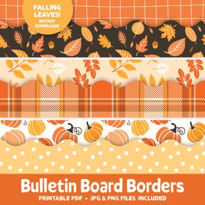 Bordes para boletines de otoño, decoración de aulas de otoño, borde para boletines de Acción de Gracias, bordes imprimibles para otoño, hojas de otoño, huerto de calabazas