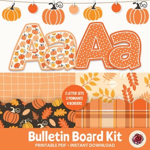 Fall Bulletin Board Kit, Pumpkin Bulletin Board Letters, Printable Border Set for Classroom Door, Orange Autumn, Pumpkin Alphabet Set, DIY