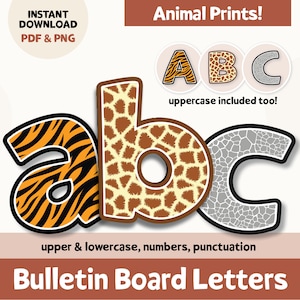 Cartas del tablón de anuncios con estampado animal, cartas imprimibles de Safari para la decoración del aula, cartas del tablón de anuncios imprimibles, tablón de anuncios de la selva