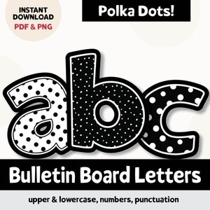 Letras negras para tablones de anuncios para imprimir, decoración para puertas de aulas de regreso a clases, letras digitales en blanco y negro, conjunto moderno de alfabeto de lunares