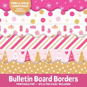 May include: Pink and gold Christmas bulletin board borders printable in PDF, JPG, and PNG formats. The borders feature a variety of festive designs, including snowflakes, polka dots, stripes, gift boxes, and Christmas trees.
