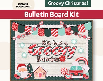 Christmas Bulletin Board Kit, Groovy Bulletin Board, Printable Bulletin Board for Classroom Decor, December Bulletin Board Kit, Retro Modern