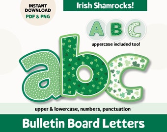 St Patricks Day Bulletin Board Letter Set, March Classroom Decor, Printable Bulletin Board Letters, Irish Shamrock ABC Bunting Board Letters
